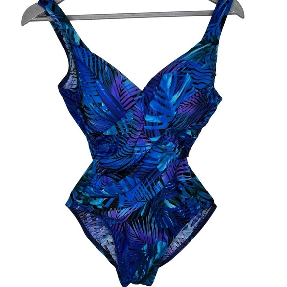 Miraclesuit Royal Palms Blue Swimsuit Size 10 Tropical Floral Print Underwire - Picture 1 of 12